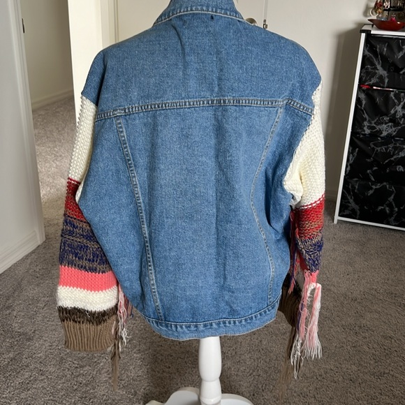 SHEIN Blue Denim Jacket with Multicolor Knit Sleeves - Picture 5 of 7